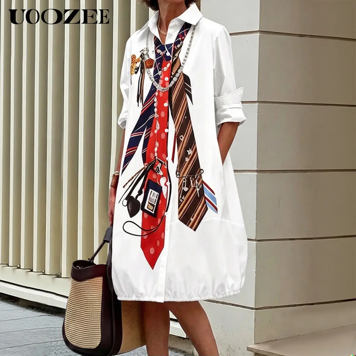 UOOZEE Women's Preppy Tie Print Shirt Dress - Oversized Long Sleeve Polyester Button-Down Midi for Everyday Casual Streetwear, Workwear, Longsleeves, Fit, Graphic, Plussize, Business, Roll-Up Long Sleeves, Elastic