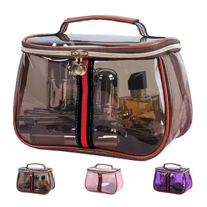 New Retro Vintage Vanity Bag, Makeup Bags Large Capacity Waterproof Transparent Toiletry Bag, Ladies Travle Storage Case, Clear Tote Bag with Zipper for Women (Brown)