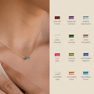 Emery Birthstone Necklace by Caitlyn Minimalist - Dainty Baguette Charm Necklace in Gold & Silver - Gemstone Jewelry - Personalized Gift for Her12 Constellation Birthstone Necklace for Women Zodiac Sign Zircon Pendant Choker Dainty Jewelry Birthday Gift