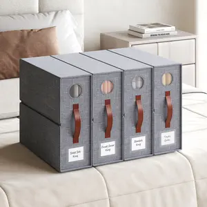 4-Piece Sheet & Clothing Storage Boxes, Simple & Classic Style.  Fit for Queen/King Size bedding.  Made of durable Oxford cloth, with clear window and reinforced handles.  Measures 15”×13”×5”.  Ideal for closet & shelf storage.  Foldable, space-saving and