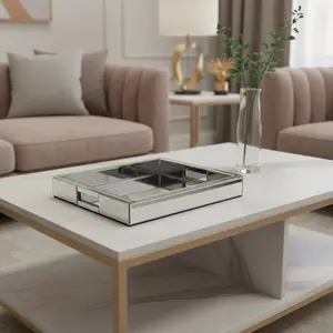 HomeRoots 643671 16 in. Silver Mirrored Glass Serving Tray with Handles