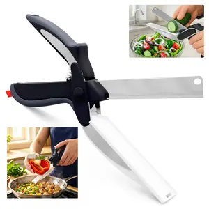 2 in 1 Kitchen Scissors for Food – Stainless Steel 9.5" Tomato Knife Chops Vegetables, Fruit, Cheese, Meat in Seconds | Dishwasher Safe Cutting Board Scissors with Safety Lock