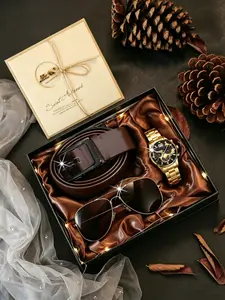 5pcs Men's Gift Set, Quartz Watch + Belt + Glasses + Greeting Card, Perfect for Birthday, Father's Day, Valentine's Day, Christmas, Fathers Day Present, Birthday Gift Box