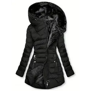 ZipHoodieZipPocketPuffyJacket,CasualLongSleeveFauxFurLinedWarmWinterJacket,Women's