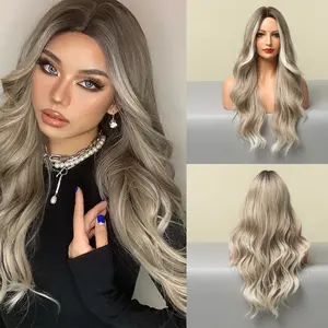 Fashion Middle Part Big Wave Mixed Color Light Gray Full Wig for Women Synthetic Hair 150℃ Stylish Versatile Look bernay  blonde  wig Body Long body wavy