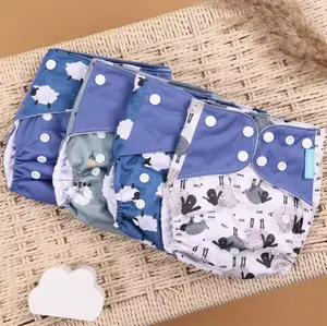 EcoNest Reusable Cloth Diaper 4-Pack – Blue Animal Theme, Sizes 3–15kg, Eco-Friendly Polyester