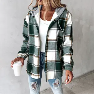 ChicMe Women‘s Plaid Hooded Warm Shacket/Plaid Fleece Lined Hooded Shacket- Lightweight Fleece Lined Jacket, Button-Down Casual Coat for Fall & Spring