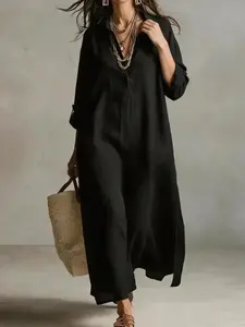 Women’s summer relaxed shirt dress, minimalist solid color design, elegant notched collar with long sleeves, comfortable cotton-linen fabric.