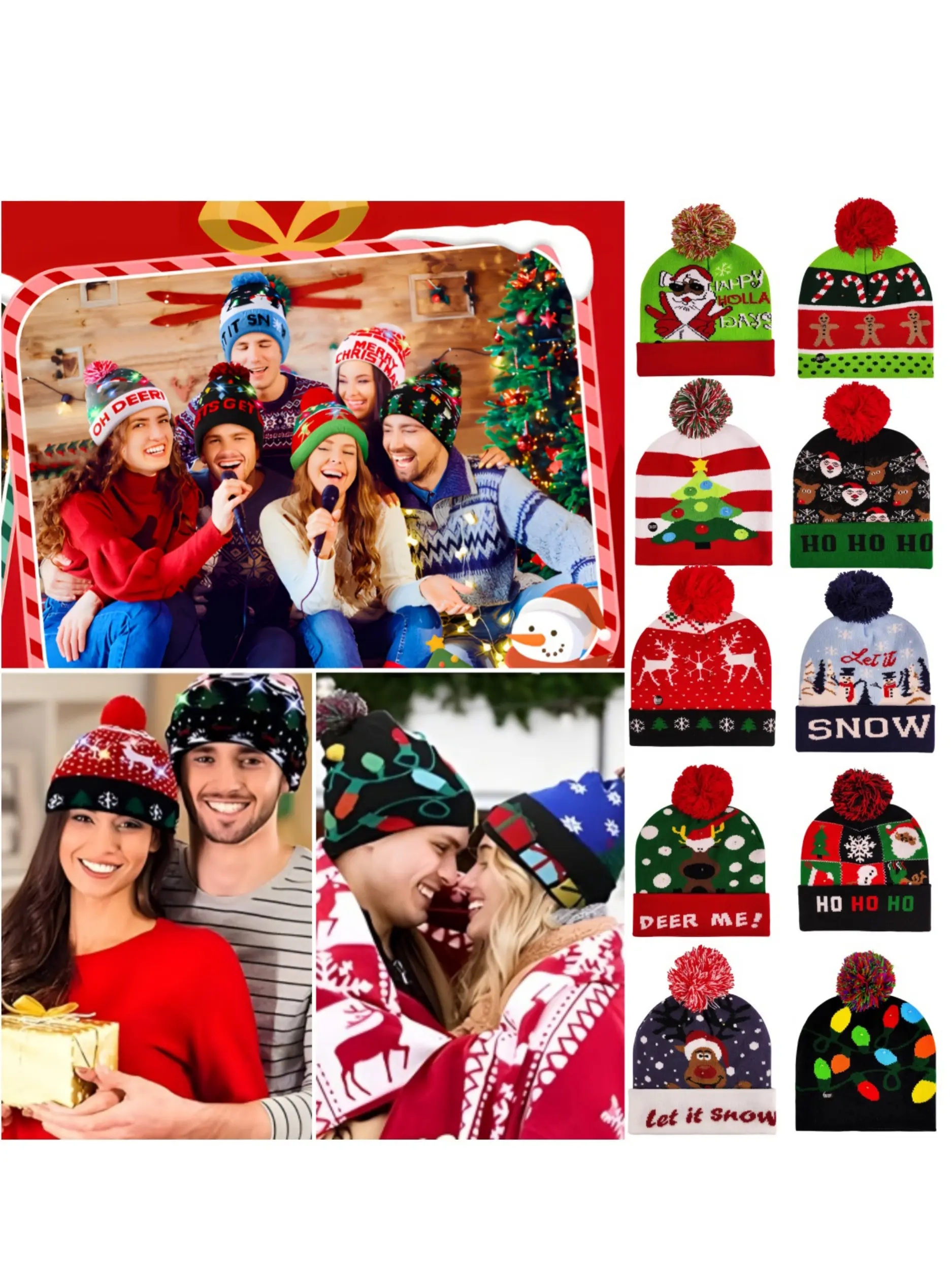 Surprise Pattern Knit Beanie Hat, Fitted Style for Kids & Adults, Perfect for Christmas, New Year, Holidays, Valentine's Day Gift, Lightweight Beanie
