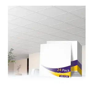 LooYee 24 PCS 2 x 2 FT Drop Ceiling Tiles 24 x 24 Inch PVC Smooth White Ceiling Panels - Waterproof Fire-Rated to Prevent Breakage - Cover 96 Sq.Ft