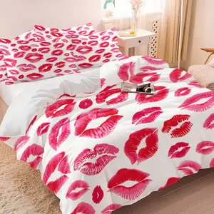 Romantic Red Lip Bedding Set for Women, Cute Kiss Print Duvet Cover, Soft Cozy Comforter Cover with Pillowcases, Perfect Valentine's Day Birthday Gift for Her, Girly Bedroom Dorm Decor