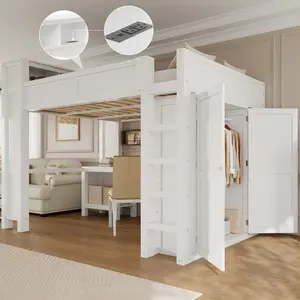 Queen Loft Bed with Wardrobe and Desk, Wooden Loft Bed Frame with Storage and USB, for Teens Adults