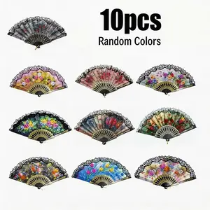 10 Pcs Printed Plastic Silk Fans, Floral Folding Fans, Flower Design for Dance Parties, Performance Props, Photography Accessories, Event Decorations