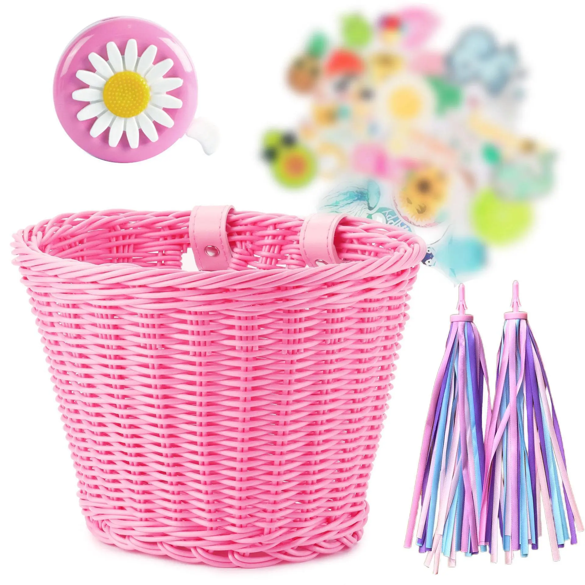 Pure Color Hand Woven Rattan Children's Bicycle Basket Stroller Basket Bicycle Accessories Bell Bicycle Basket Handlebars Colorful Tassels Imitation Rattan Woven Basket