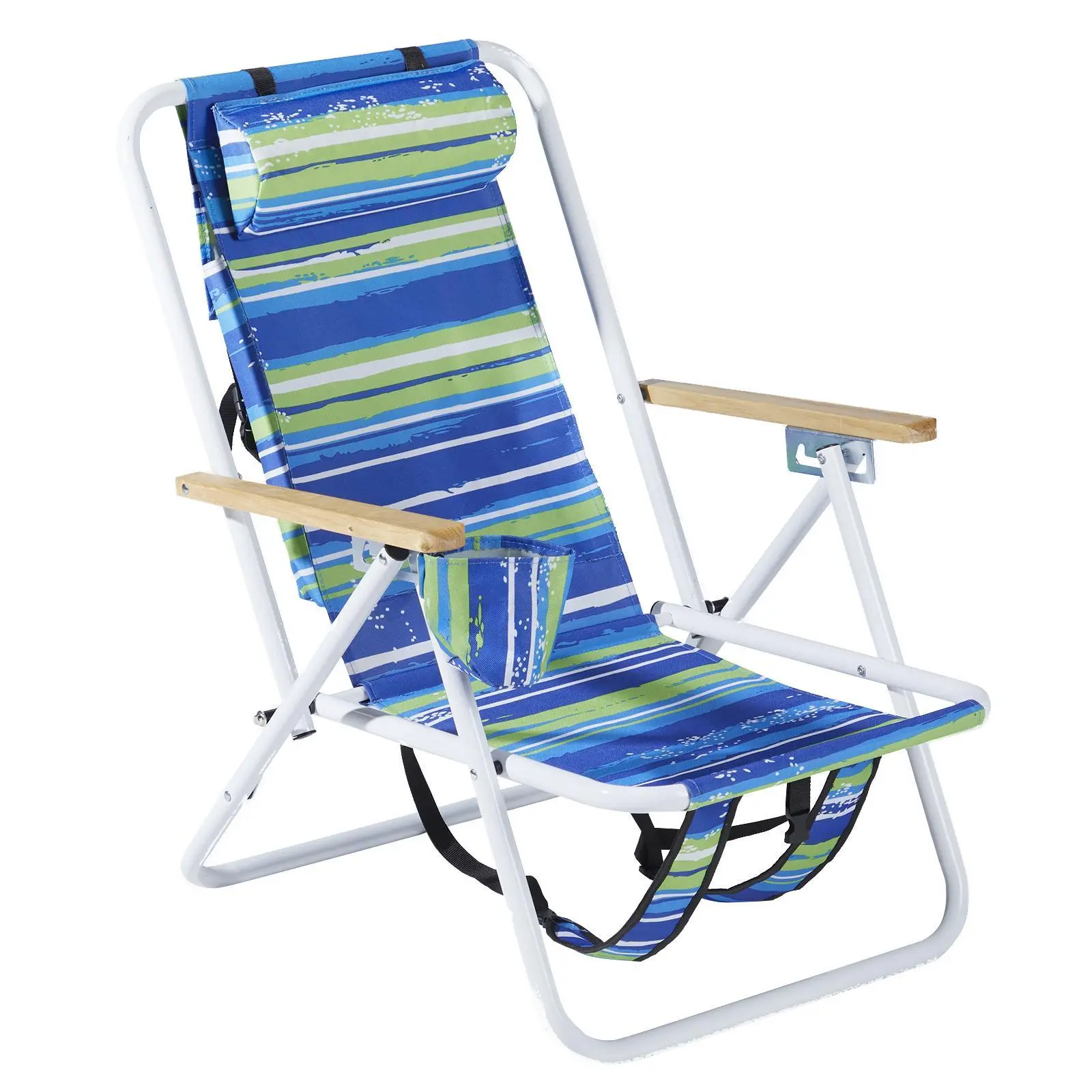 Single Seat Heavy Duty Adjustable Camping Chair - 4 Pos. Backpacking Chair with Headrest, Cup Holder, Wooden Armrests, Blue & Green Stripes