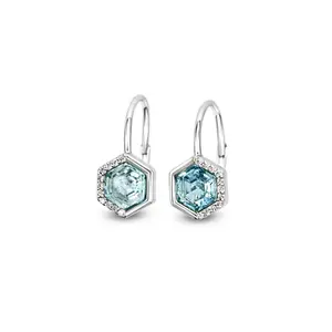 Stardust Leverback Earrings 925 Sterling Silver Hexagon Shaped Leverback Earrings with White Cubic Zirconia Detail Dainty Everyday Jewelry 14k Gold Blue Aquamarine Earrings Casual Everyday Wear Jewelry