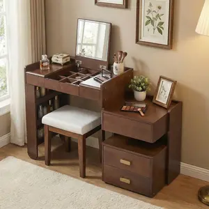 Modern Vanity Desk with Lighted Flip‑Top Mirror & Stool, Brown Wood Makeup Table with Side Cabinet, Drawers & Organizers for Bedroom, Closet or Small Apartment