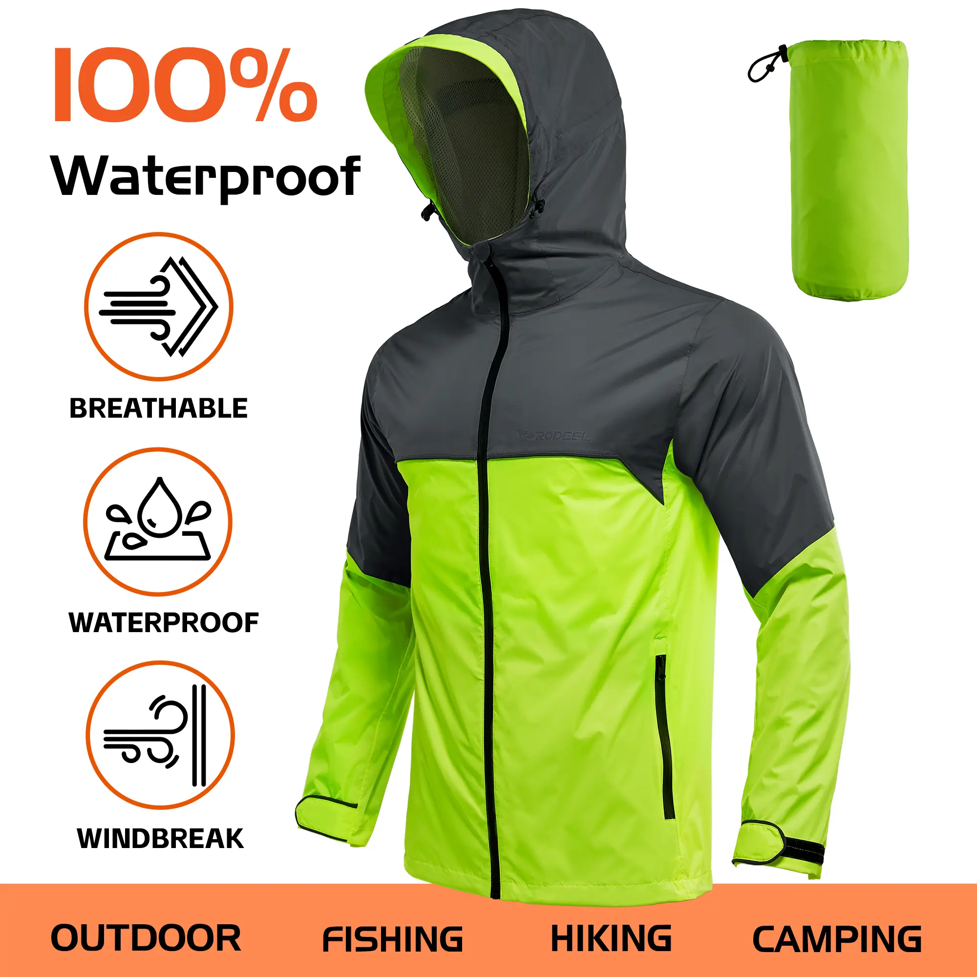 【RODEEL】710 Waterproof Jacket with Storage Pouch Men High Visibility Lightweight Breathable Hooded Rainwear Durable Rain Coat Weatherproof For Outdoor Hiking Camping Fishing Boating Construction Landscaping Gardening SummerWins