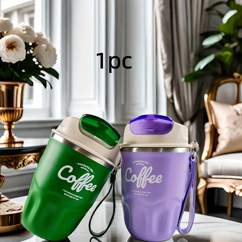 Coffee Vacuum Flask, 1 Count Portable Coffee Cup with Lid & Handle, Stainless Steel Insulated Water Bottle for Home Office Outdoor Camping, To Go Tumbler, Insulated Drinkware, Vacuum Insulated Cups