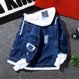 Spring and Autumn New Patchwork Denim Jacket Men's Korean Style Trendy Fashion Brand Casual Baseball Uniform All-Matching Couple Coat men work for Cotton Fabric Menswear Classic Long Distressed Top White Tights