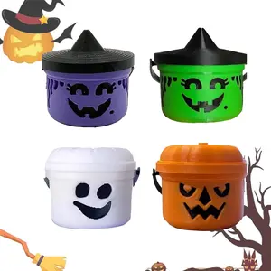 4PCS Mini Halloween Pumpkin Buckets - Assorted Colors (Pumpkin Orange/Witch Purple/Ghost White/Spooky Green) with Cute Faces, Non-Toxic Durable Plastic (Smooth Edges), 4.1×3.5cm 40g - Home/Party Decoration, Kids’ Halloween Gift, Holds Small Surprises