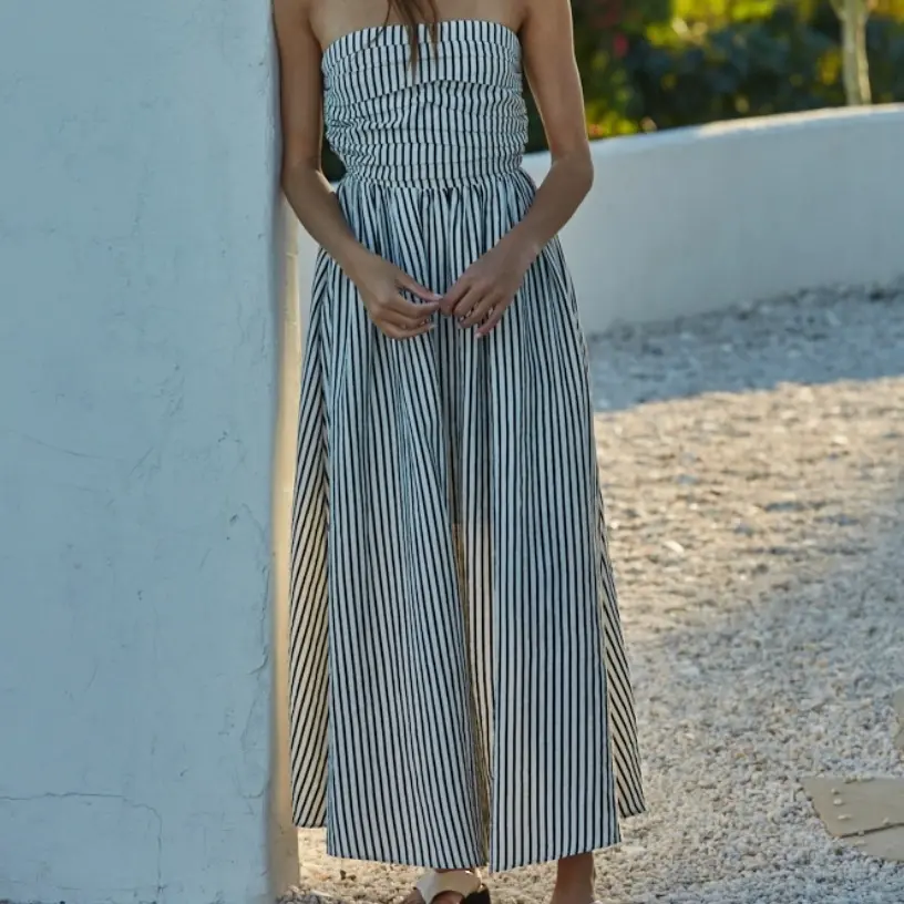 Striped Tube Neck Strapless Flare Maxi Dress
