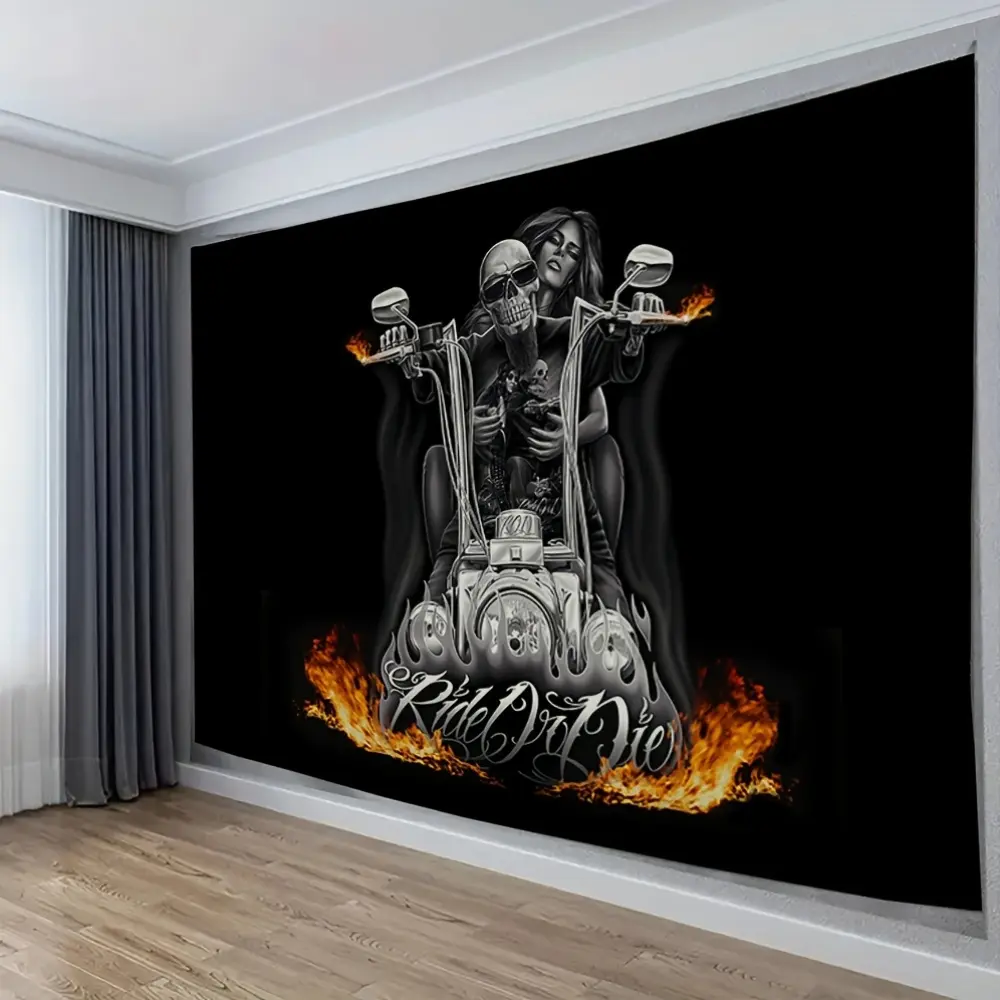 Oversized Motorcycle Rider Tapestry - Black Background, "Ride Or Die" Design, Woven Polyester Fabric, Bedroom, Living Room, Dining Room Interior Wall Decor, Bold Biker Theme with Skull and Flames, Living Room Art |   Biker Theme Decor |   Soft and Comfort