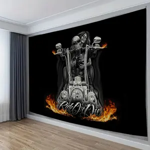 Oversized Motorcycle Rider Tapestry - Black Background, "Ride Or Die" Design, Woven Polyester Fabric, Bedroom, Living Room, Dining Room Interior Wall Decor, Bold Biker Theme with Skull and Flames, Living Room Art |     Biker Theme Decor |     Soft and Com