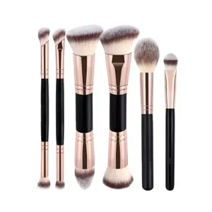 6-Piece Dual-Ended Makeup Brush Set, Two-In-One Multifunctional Foundation Contour Eyeshadow Blush Brushes, Premium Synthetic Hair Beauty Tools, Contoured Foundation Brush