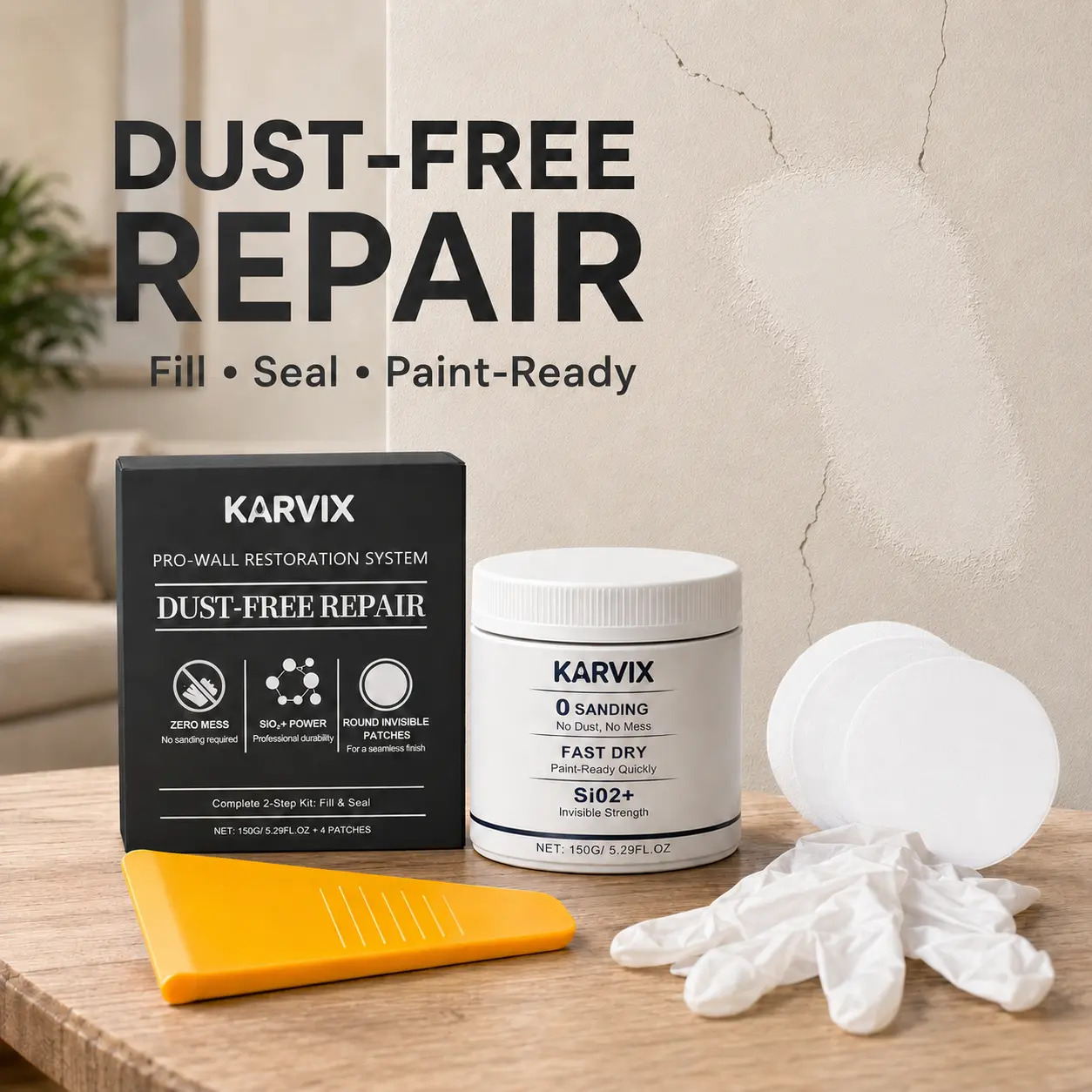 KARVIX Dry Wall Repair Kits (All-In-1 Kit) for Tenants - 150g Fast-Drying Self-Sealing Strong Adhesive Waterproof Wall Hole Filler, Heavy-Duty Concrete Sealant, Caulking, Round Patches, Gloves, Scraper, Dust-Free Paste, Seamless Finish