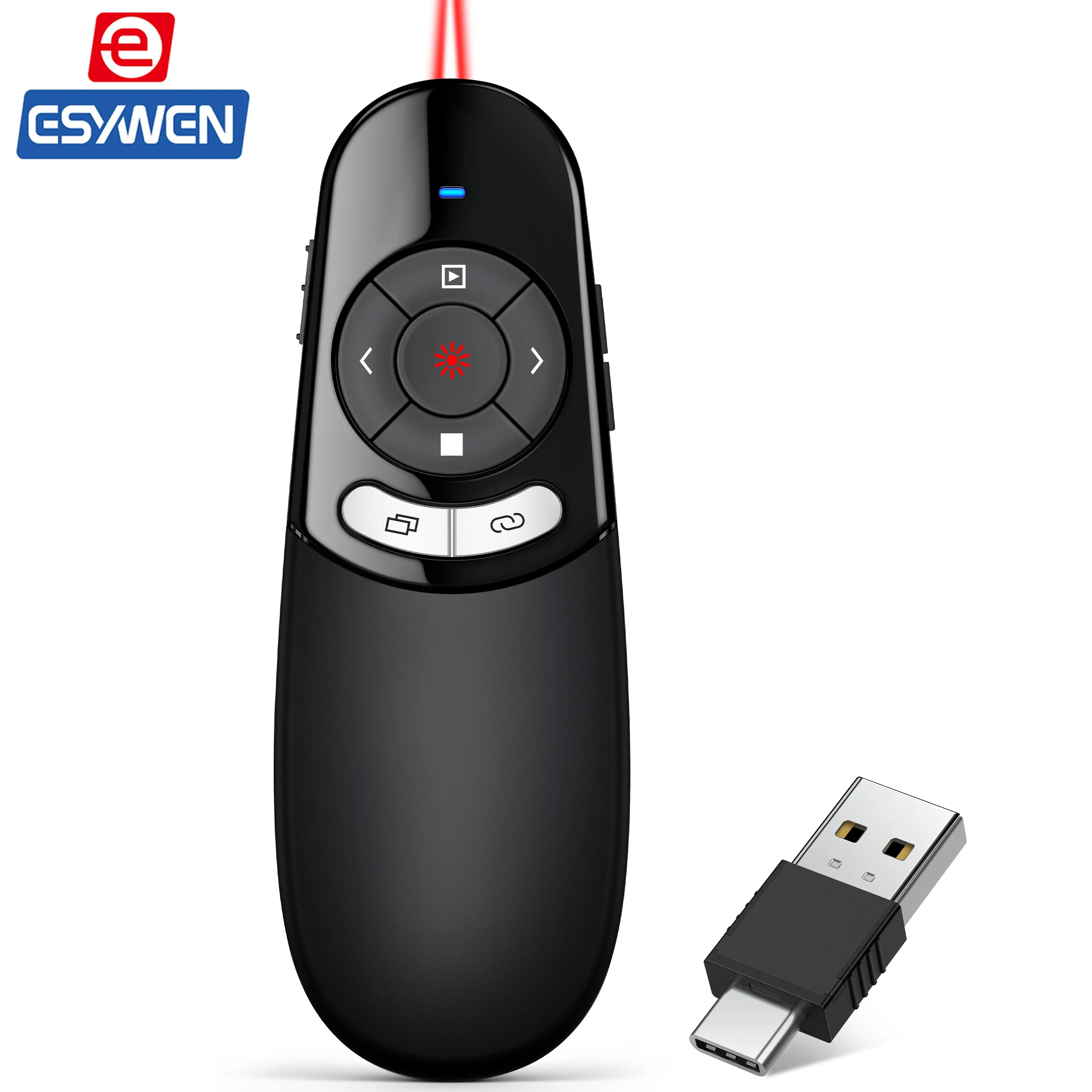 ESYWEN Presentation Clicker w Laser Pointer Presenter Clicker w Hyperlink Volume Control, 2.4GHz PPT Clicker on Laptop Computer, Presentation Remote Clicker for Office Classroom