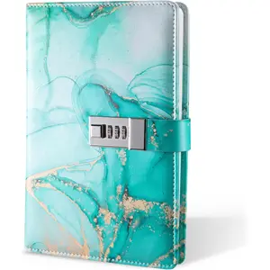 A5 Lockable Diary with Combination Lock, PU Leather Lock Diary Planner Organizer for Men and Women, Office Notebook 8.6 x 5.9 Inches, Cyan