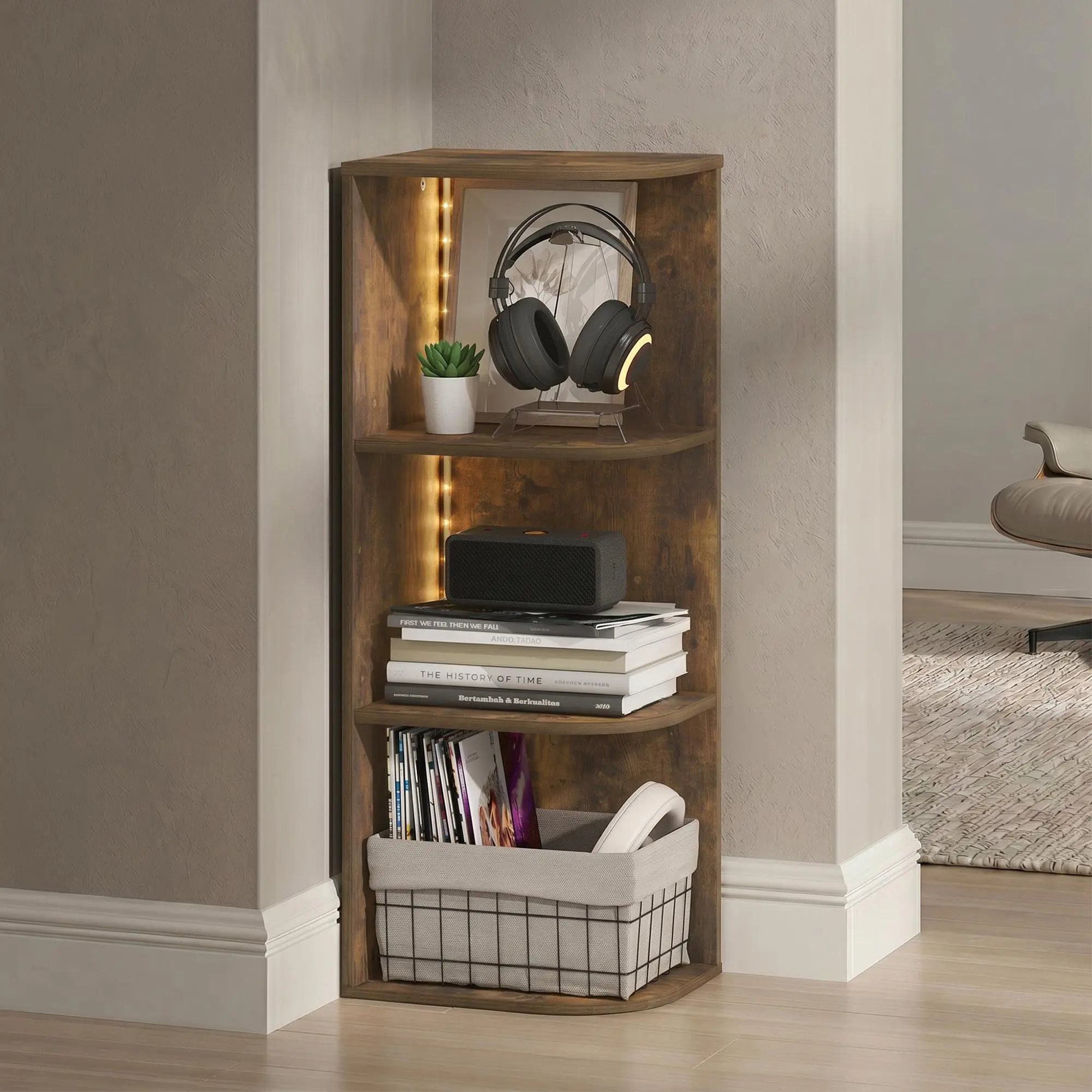 PASIR Bookshelf with LED Lights, 3-Tier Corner LED Bookshelf, Open Shelves Bookcase, 8.8 x 12 x 31.5, for Home Office, Living Room, Study Room, Amber Pine, Space-Saving Small Furniture for Home Organization, Apartment, Dorm and Small Spaces