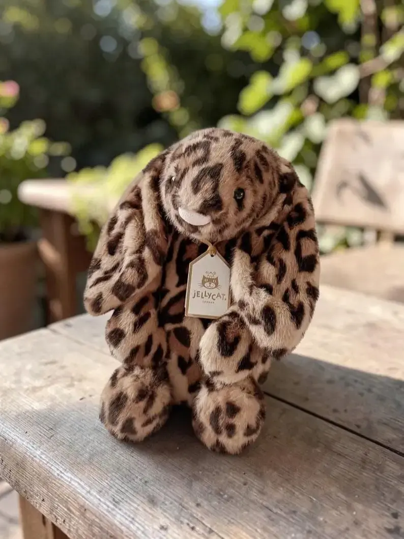 Jellycat Bashful Leopard Bunny Plush with Iconic Blue Bag | Cute Cheetah Cheetah Print Animal Stuffed Toy Aesthetic Room Decor Gift