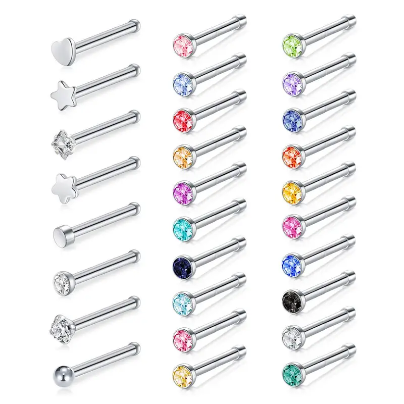 Elegant Artificial Crystal Nose Studs, New Fashion Stainless Steel Nose Rings Set for Women & Men, Fashion Jewelry for Party, Daily Clothing Decor, Nose Piercing Jewelry, Body Piercing Jewelry
