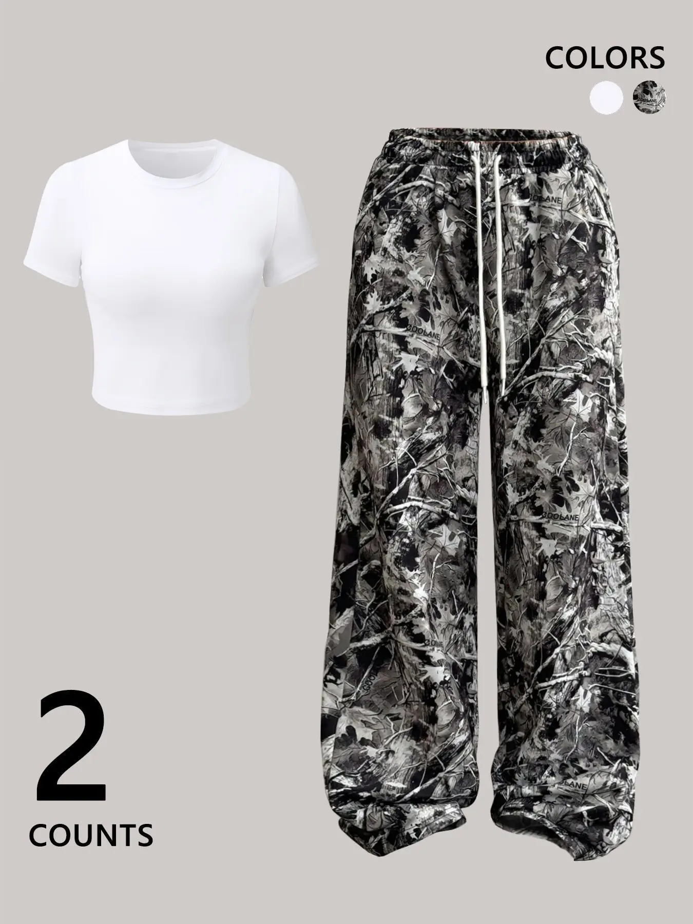 2-Pack Black Crop Top + Monochrome Leaf Camo Pants Set, Casual Outfit Set, Slim-Fit Tee + Wide-Leg Bottoms, TikTok Viral Dark Coquette Aesthetic, Moody Nature Print, Comfy Relaxed Fit, Perfect for #OOTD, #StreetwearVibes, Brunch, Hangouts