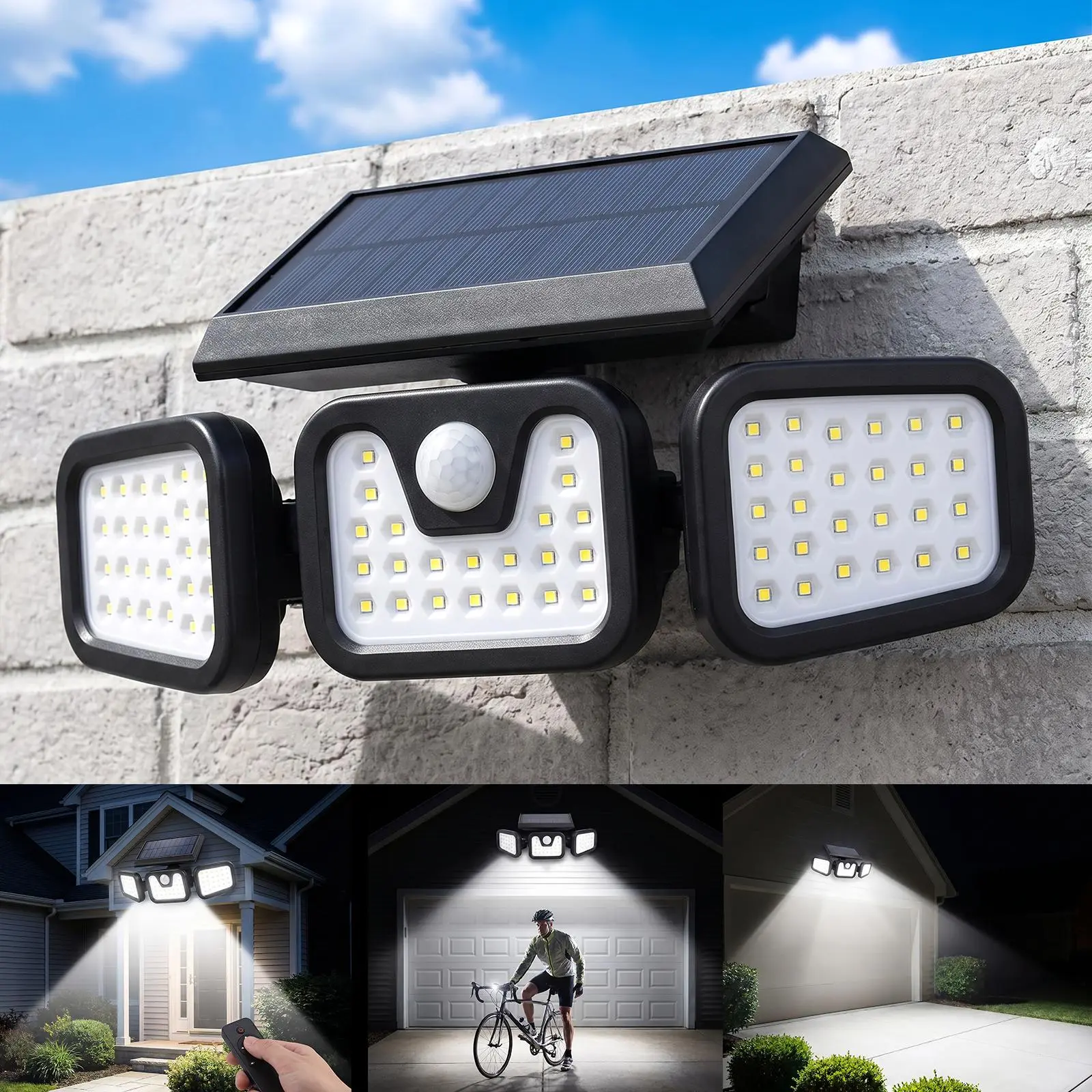 Outdoor Solar Flood Lights - Solar Smart Light with 3 Adjustable Heads, Motion Sensor, 180° Wide Lighting Angle, IP65 Waterproof for Patio, Garage, Exterior Areas
