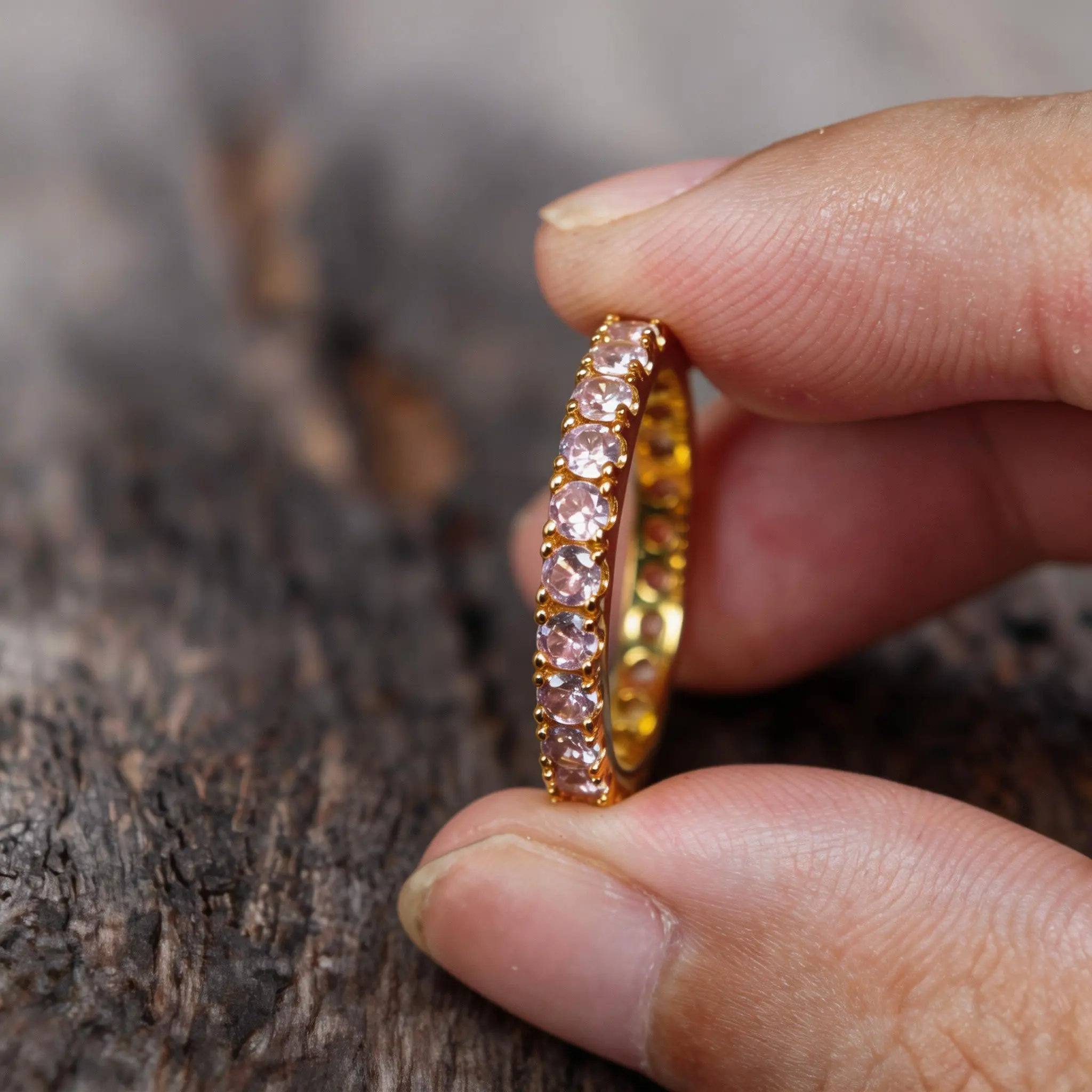 October Pink Gemstone Birthstone Band Ring - Dainty, Bezel Setting, Colored Gemstone, Casual Style, Metal-Coated, Sparkling Daily Wear Costume Jewelry, Dainty Ring