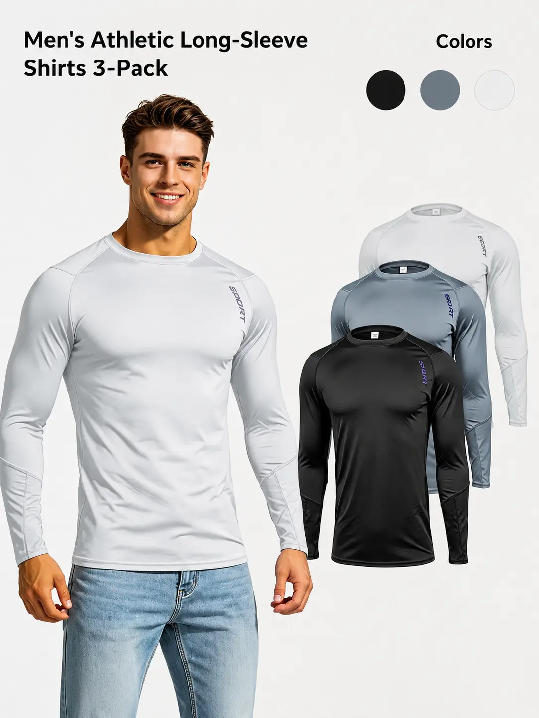 Men's 3-Pack Long Sleeve Compression Shirts, Athletic Fit Dry Fit Base Layer, Breathable Sweat-Absorbing Athletic Men's Long Sleeve Sport T-Shirts for Workout, Athletic Men's Long Sleeves Sport T-Shirt, Breathable Sweat-Absorbing Men's Long Sleeves Sport