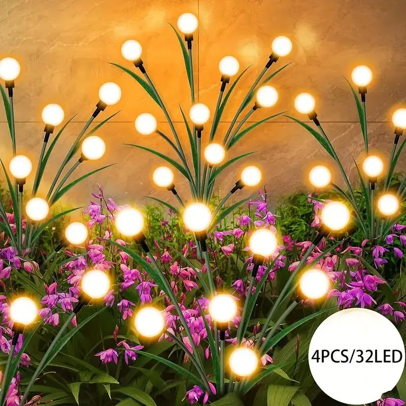 4 Pack 32 LED Solar Outdoor Firefly Decorative Lights, Wind-Swaying Lamp for Garden Patio Pathway Decoration, Warm Festival Holiday Lights, Lighting, Festive, Atmosphere, Garden Glow Light