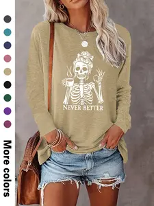 Women's Halloween Skull Print Long Sleeve Lady Casual Fitted T-Shirt, Comfortable Fabric, Available in 9 Colors, All Seasons Wear