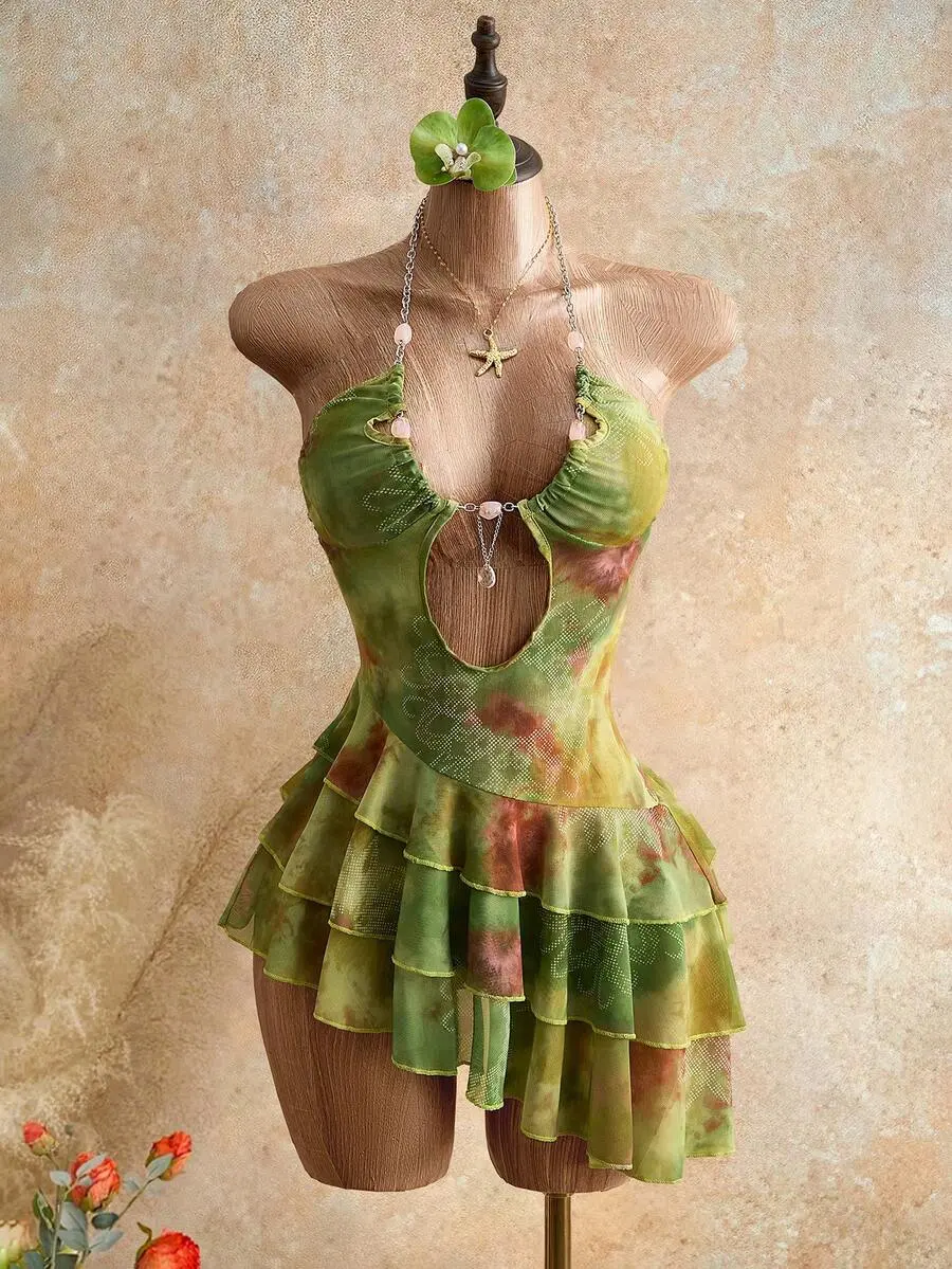 IYUNA Mesh Mini Dress Green And Yellow, Summer Fairycore Holiday Vacation Holiday Deep V Halter Backless Ruffle Tropical Floral Dress