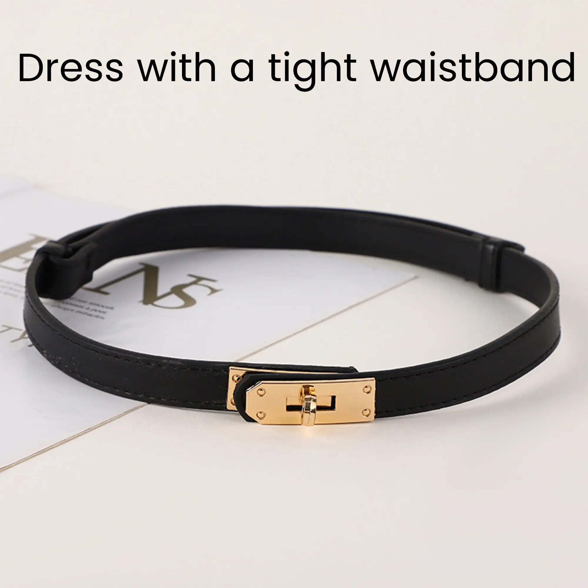 Women's Black Skinny Leather Belt with Adjustable Silver Turn-Lock Buckle for Dresses, Jeans, Belts