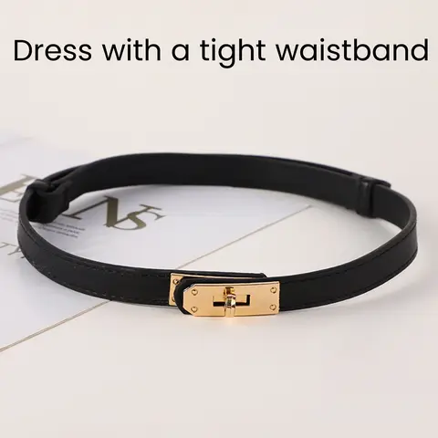 Women's Black Skinny Leather Waist Belt with Adjustable Silver Turn-Lock Belt Buckle-Metal Clasp - Trendy Exquisite Versatile Fashion Accessory for Dresses, Jeans - Ideal for Girlfriend, Mother