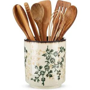 Kitchen Ceramic Utensil Holder Rustic 5.5" Green Floral Utensil Crock for Countertop Cooking Tools Storage Caddy for Spatula Spoon Farmhouse Decor Housewarming Gift