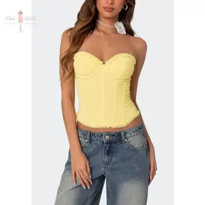 Women Y2k Bustier Corset Tops Sexy Strapless Lace Up Boned Mesh Bustier Tops Going Out Overbust Corset Top(Raincoats)