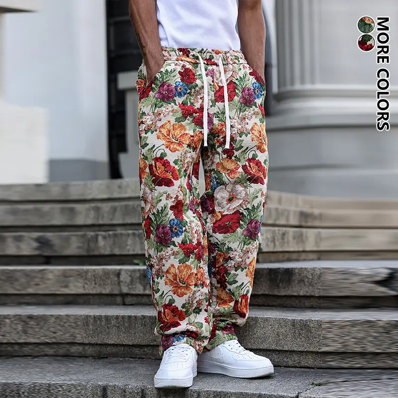 Men's Vintage Floral Jacquard Straight Leg Pants Loose Drawstring Waist Casual Trousers for Daily Outdoor Music Festival Vacation Travel