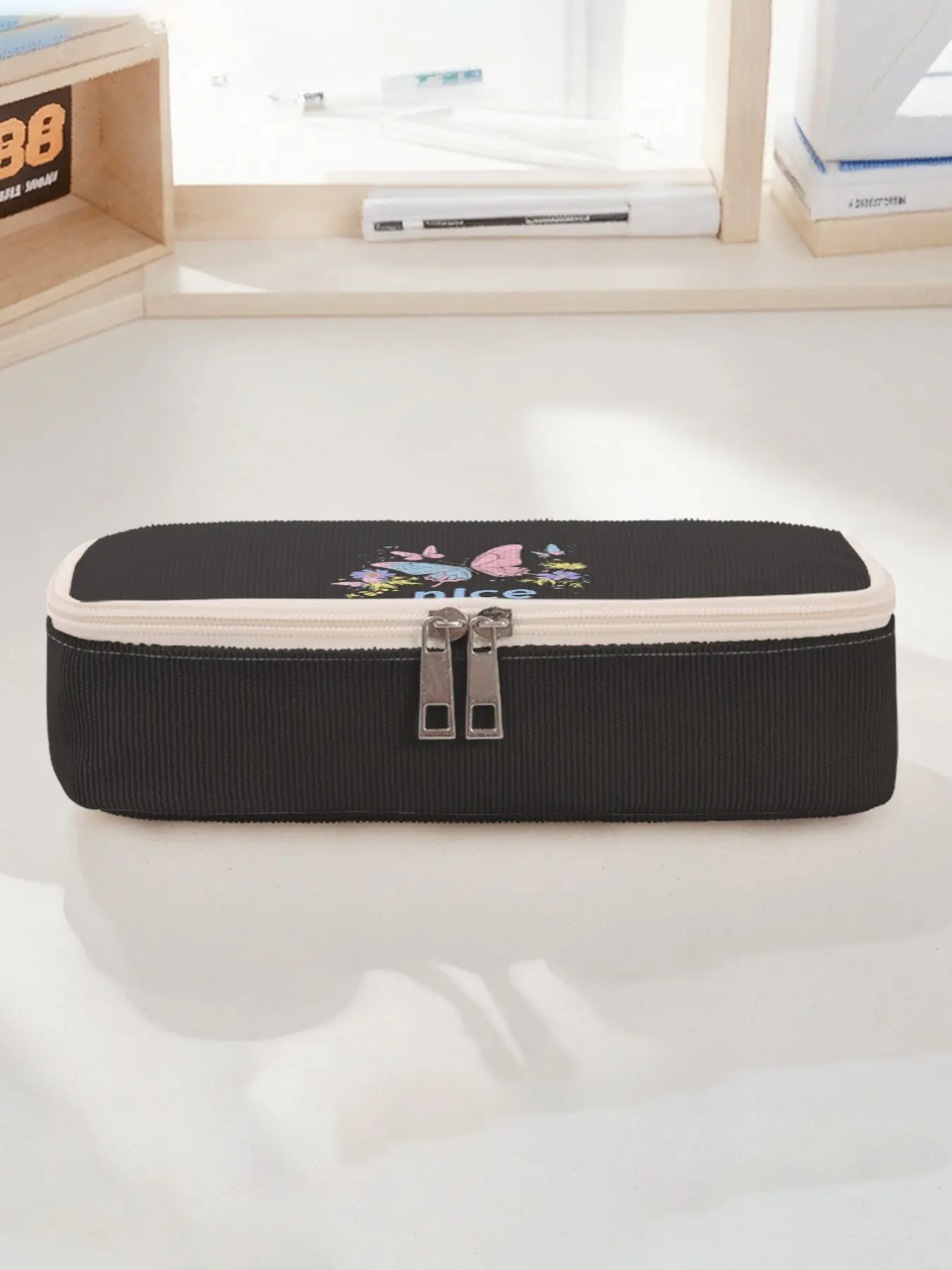 Butterfly Pattern Large Capacity Pencil Case, Durable Multi-Functional Storage Bag, Portable Zipper Box for School Office Study Supplies