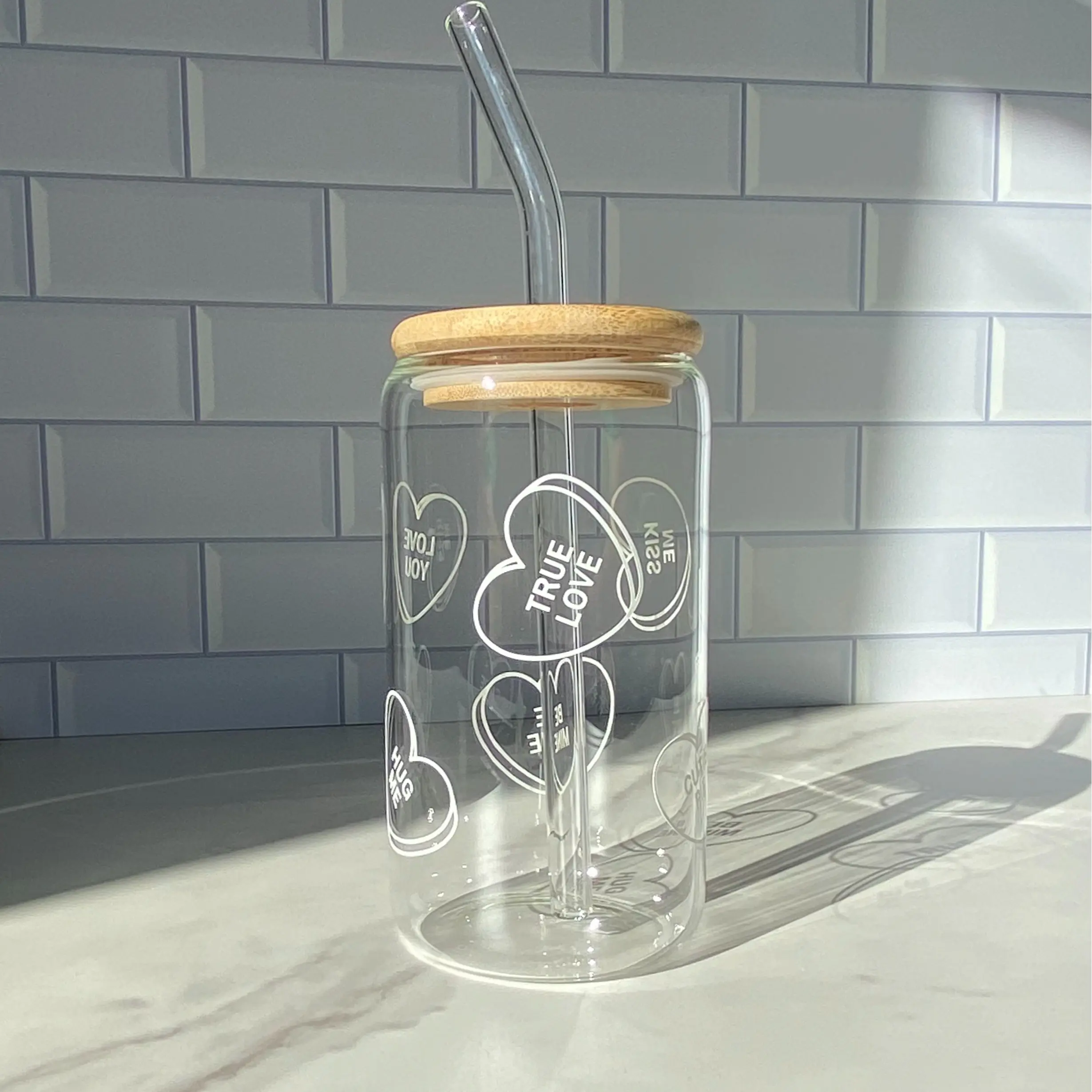 Personalized Candy Heart Glass Cup | Beer Can Glass with Lid & Straw | Heart Candy Can Glass | 16oz Glass Tumbler | Custom Tumbler | Aesthetic Glass | Gifts for Her | Holiday Gift | Custom Tumbler | Libbey Glass with lid & straw