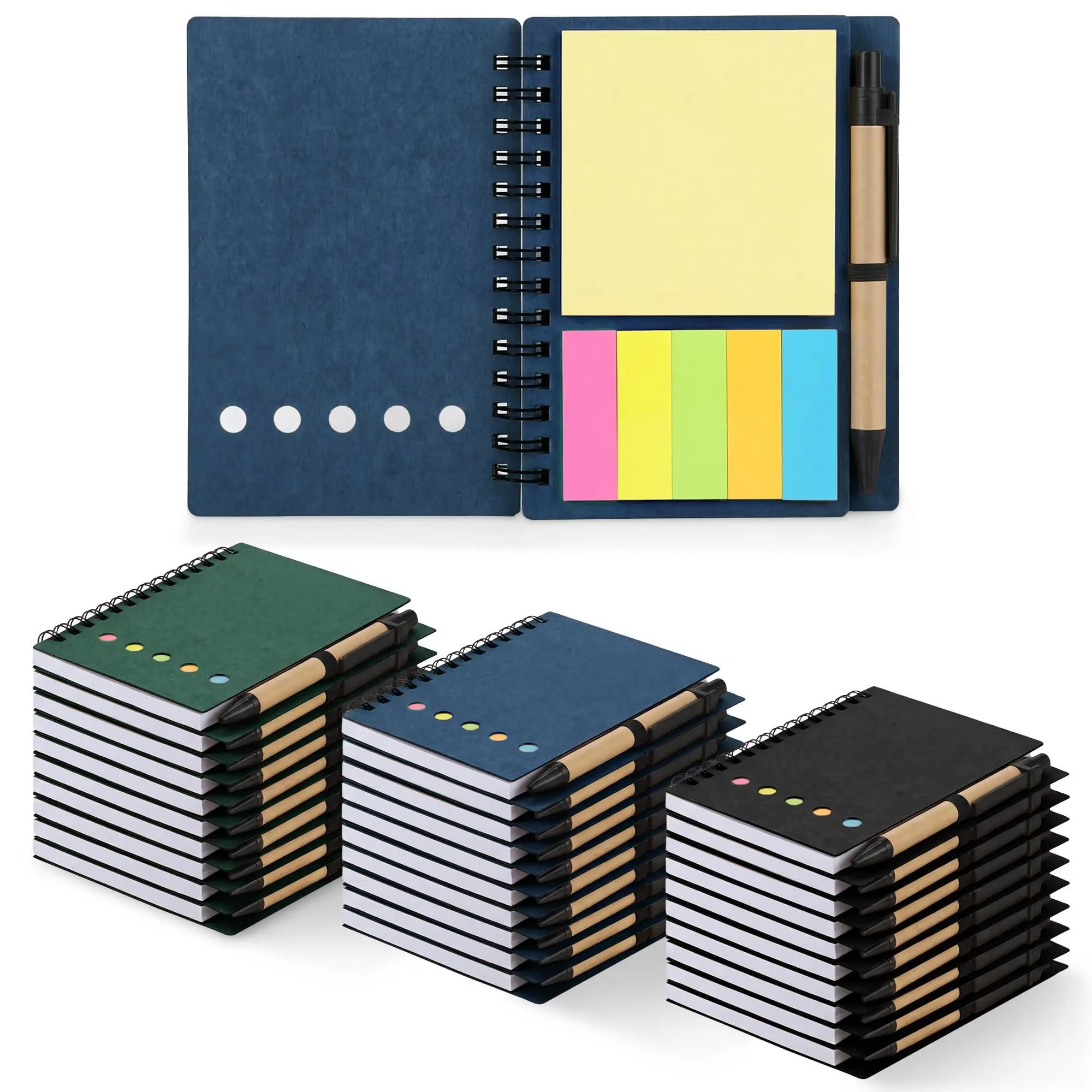 Takywep 30PCS Pre-Assembled Spiral Notebooks Set - Pocket Size 13x10cm, Lined Pages, Kraft Paper Cover with Elastic Band, Eco-Friendly Ballpoint Pens, Sticky Notes, 5-Color Bookmarks, Portable Notepads
